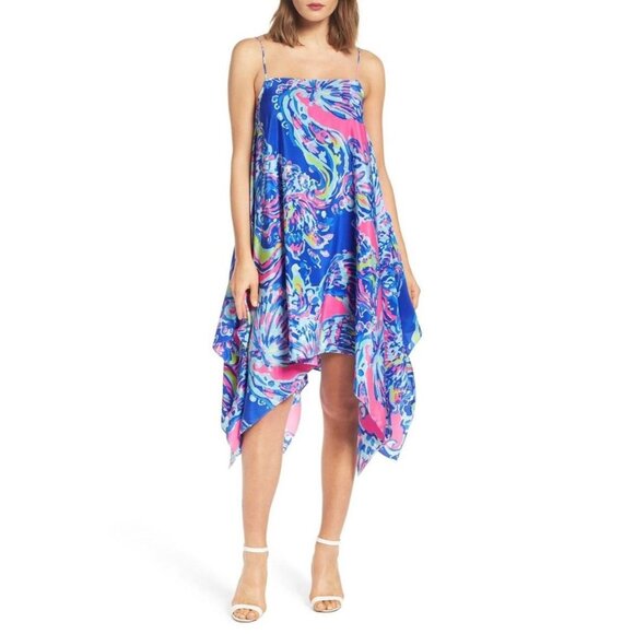 Lilly Pulitzer Size L NEW Blue Pink Kimi Silk Sleeveless Asymmetrical Hem Dress - Picture 1 of 16